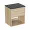 hackney 500mm wall mounted vanity unit with marquina worktop and open shelf cherry wood