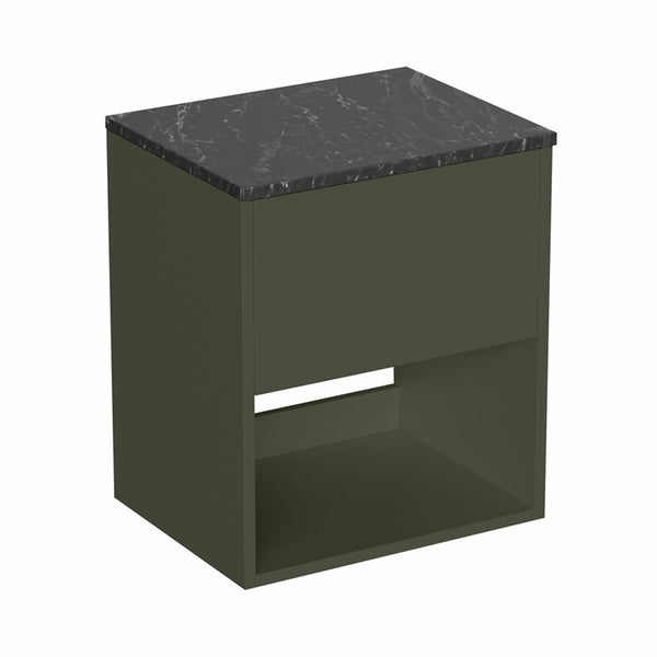 hackney 500mm wall mounted vanity unit with marquina worktop and open shelf earthy green