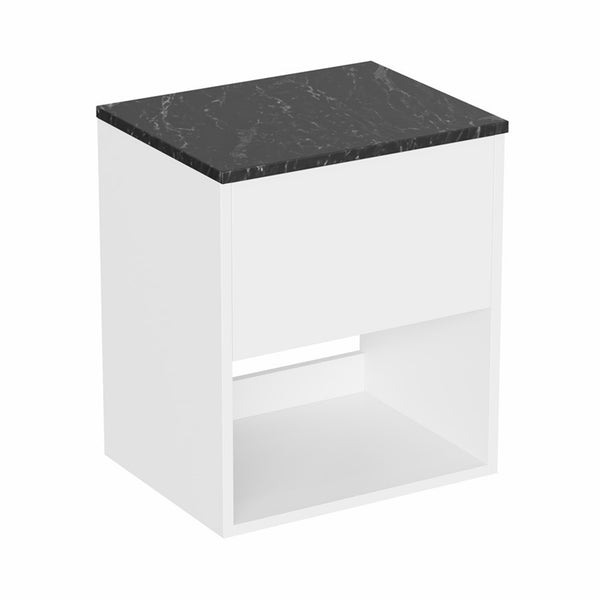 hackney 500mm wall mounted vanity unit with marquina worktop and open shelf gloss white
