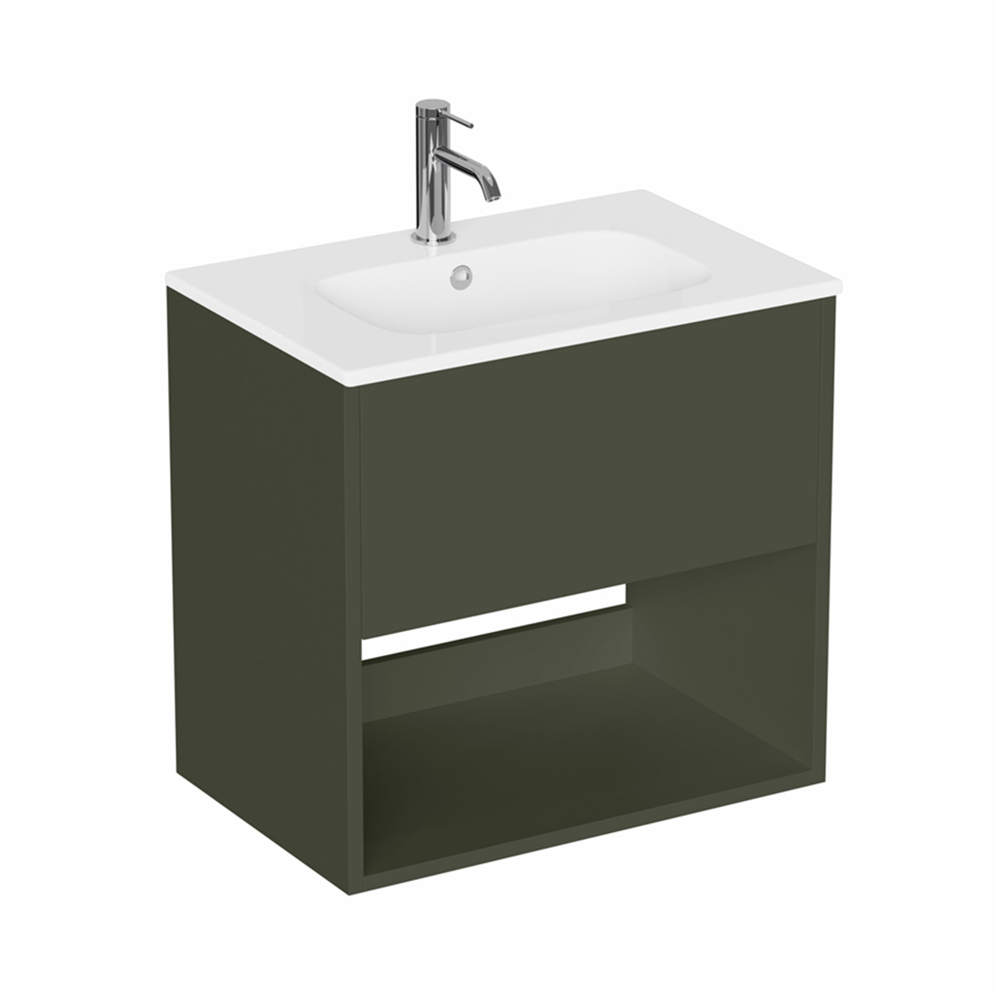 hackney 600mm wall mounted vanity unit with basin and open shelf earthy green