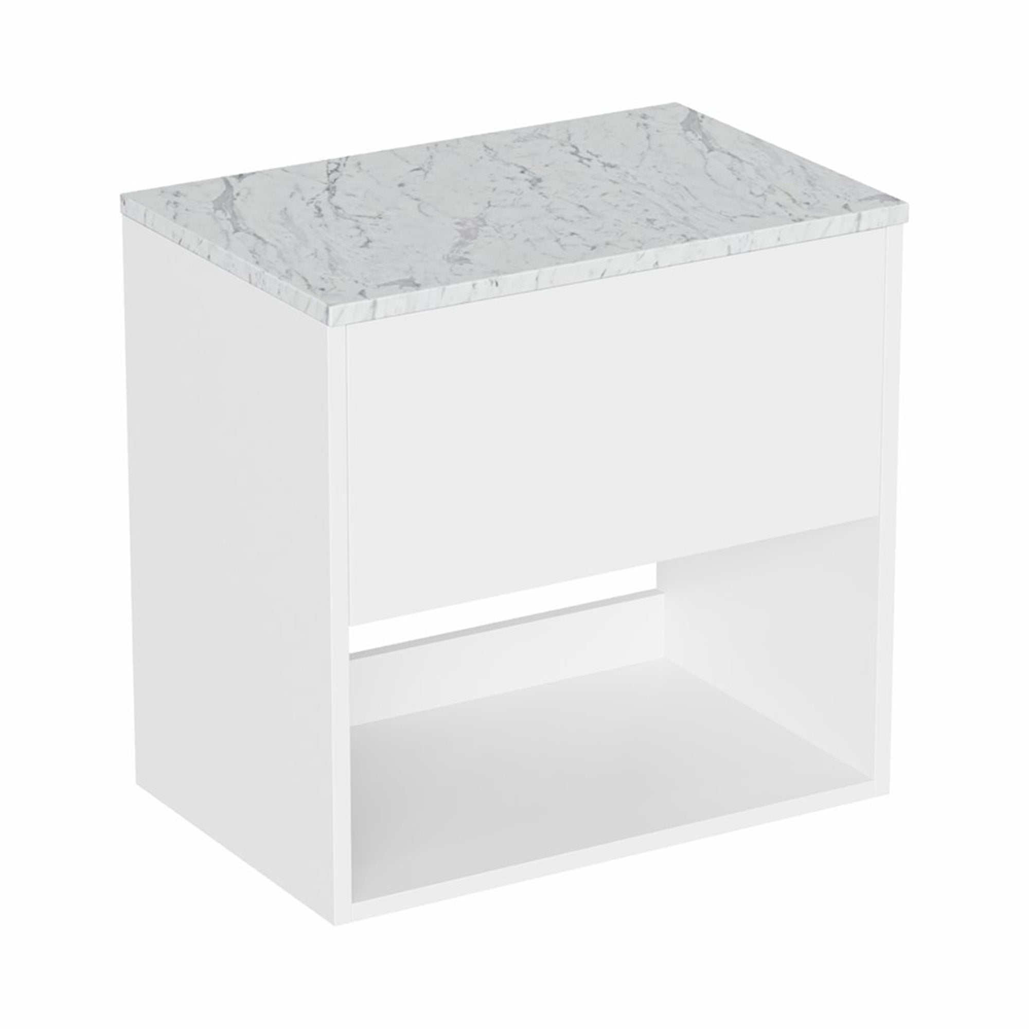 hackney 600mm wall mounted vanity unit with carrara worktop and open shelf gloss white