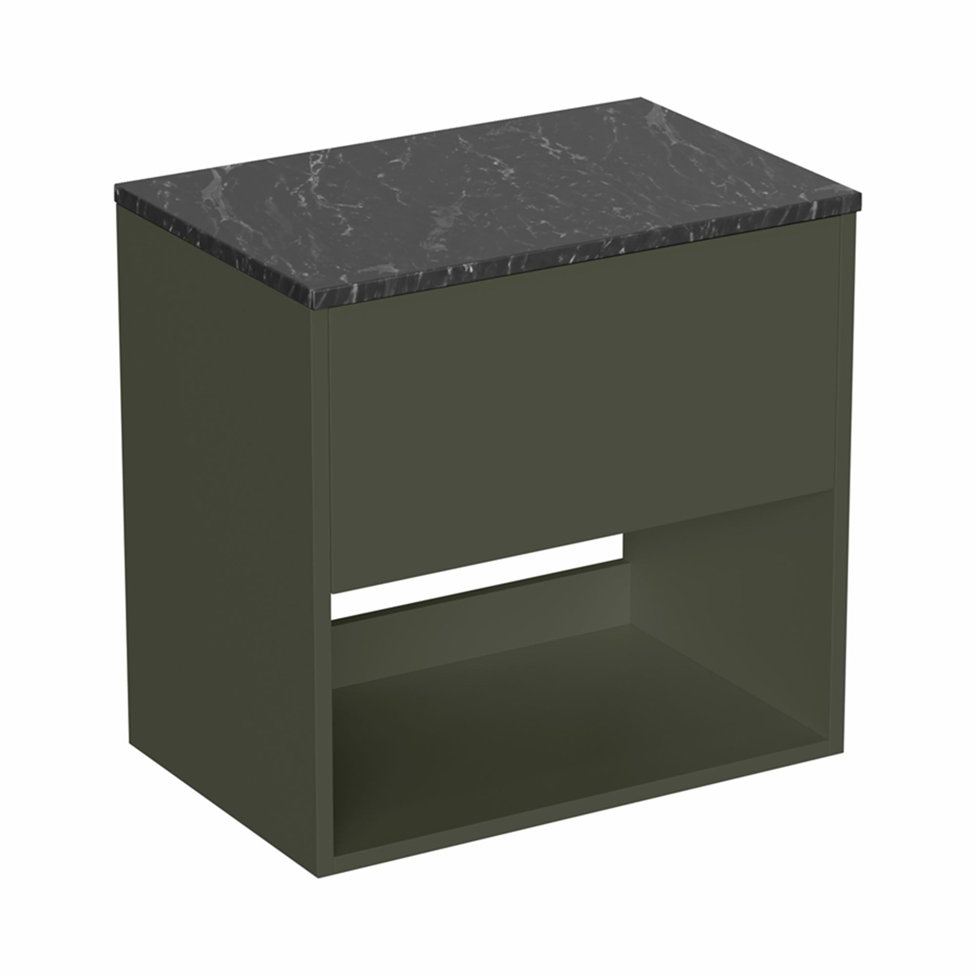 hackney 600mm wall mounted vanity unit with marquina worktop and open shelf earthy green