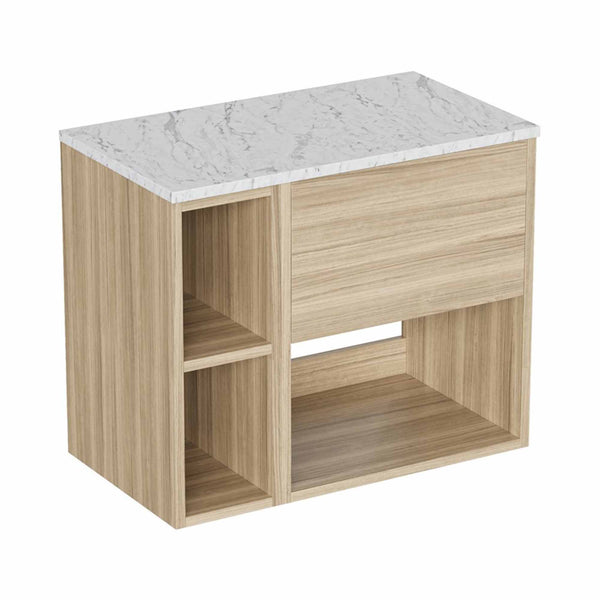 hackney 700 wall mounted vanity unit with-carrara worktop and shelf unit cherry wood