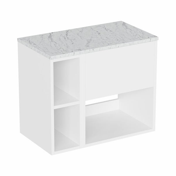 hackney 700 wall mounted vanity unit with carrara worktop and shelf unit gloss white