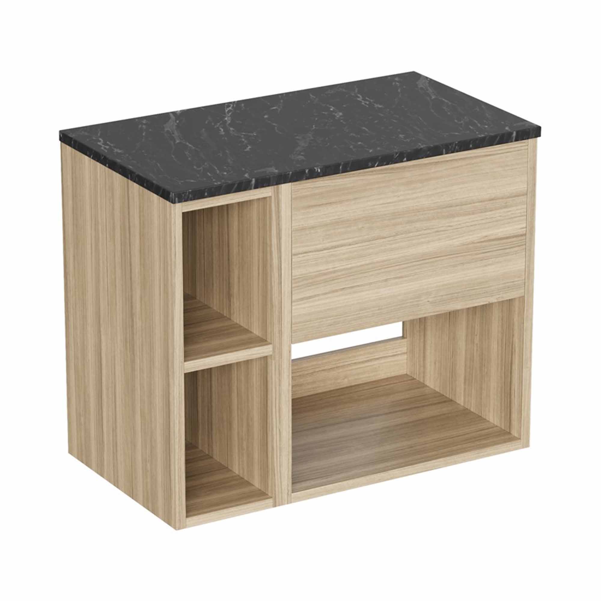hackney 700 wall mounted vanity unit with marquina worktop and shelf unit cherry wood