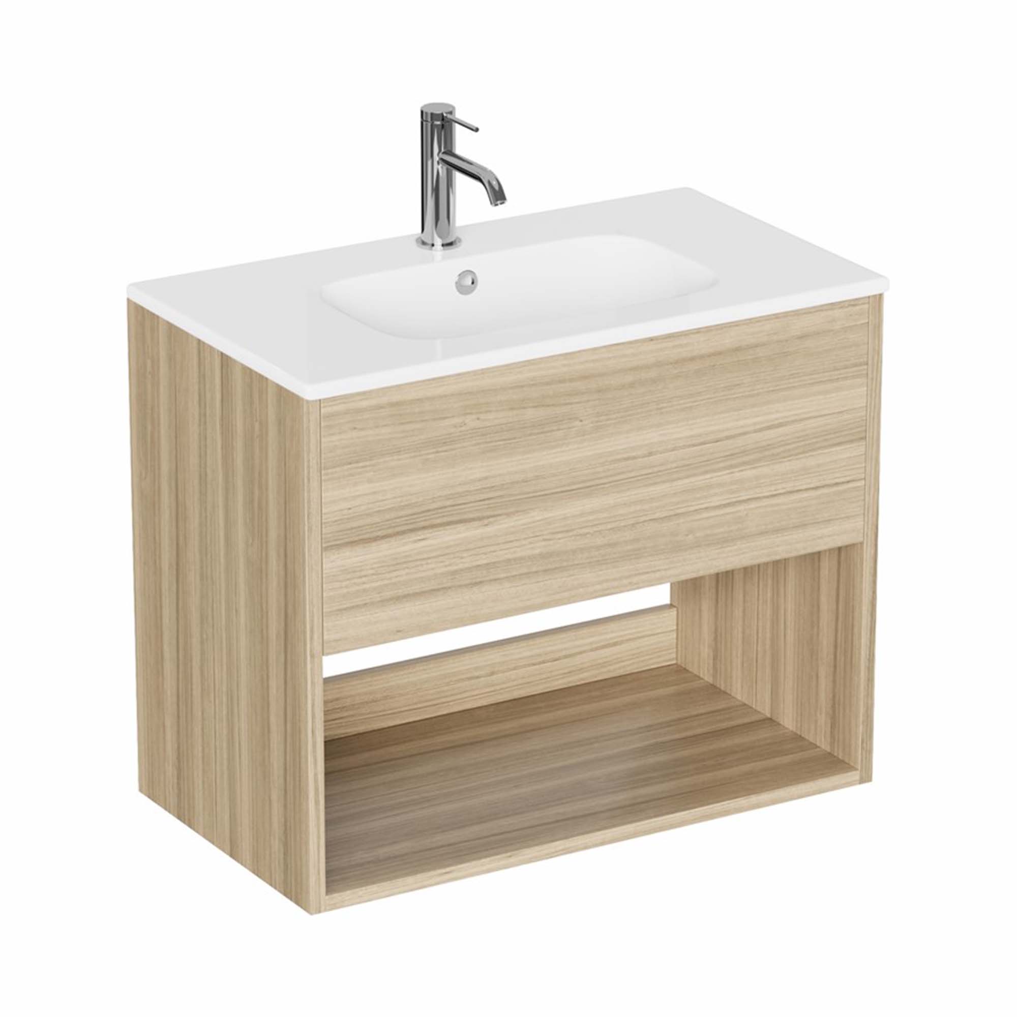 hackney 700mm wall mounted vanity unit with basin and open shelf cherry wood