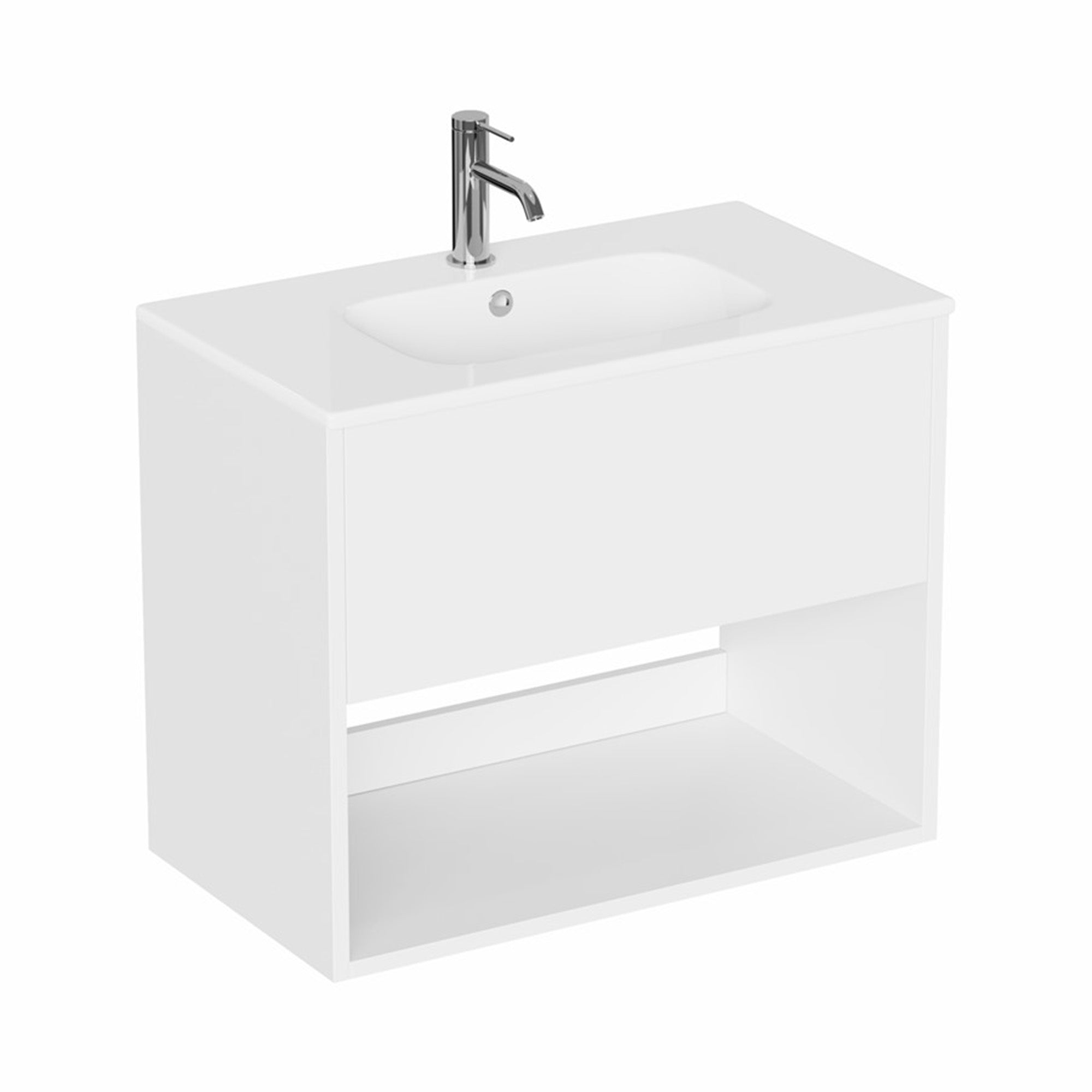 hackney 700mm wall mounted vanity unit with basin and open shelf gloss white