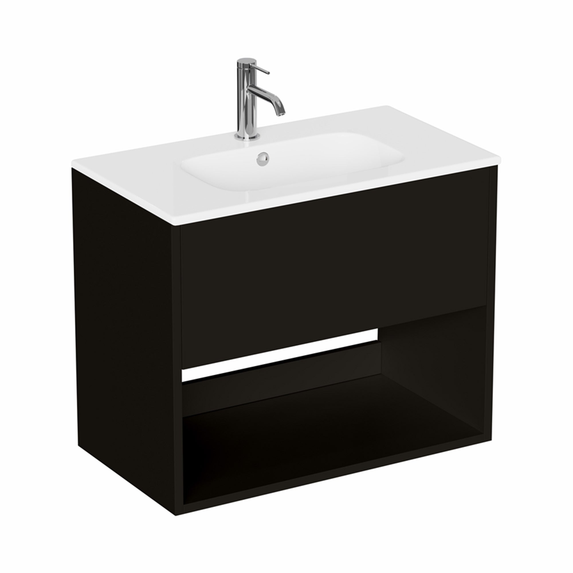 hackney 700mm wall mounted vanity unit with basin and open shelf matt black