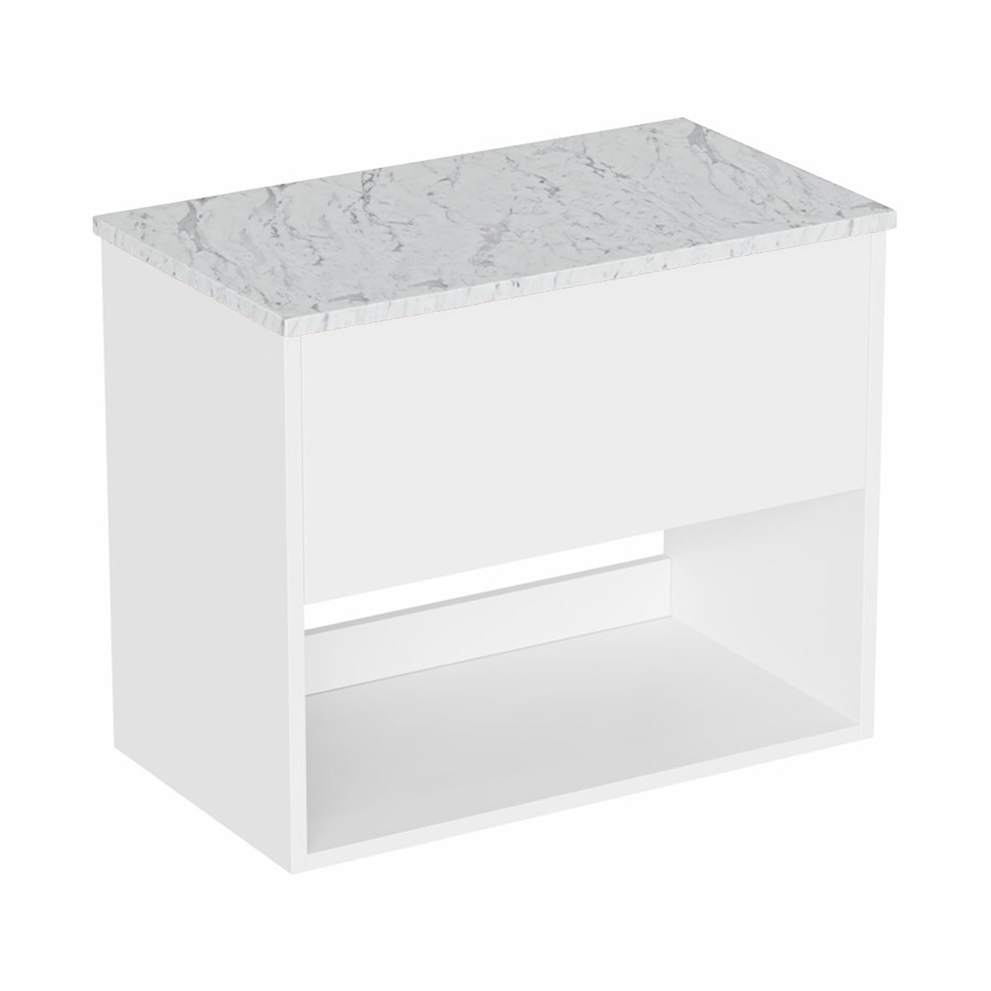 hackney 700mm wall mounted vanity unit with carrara worktop and open shelf gloss white