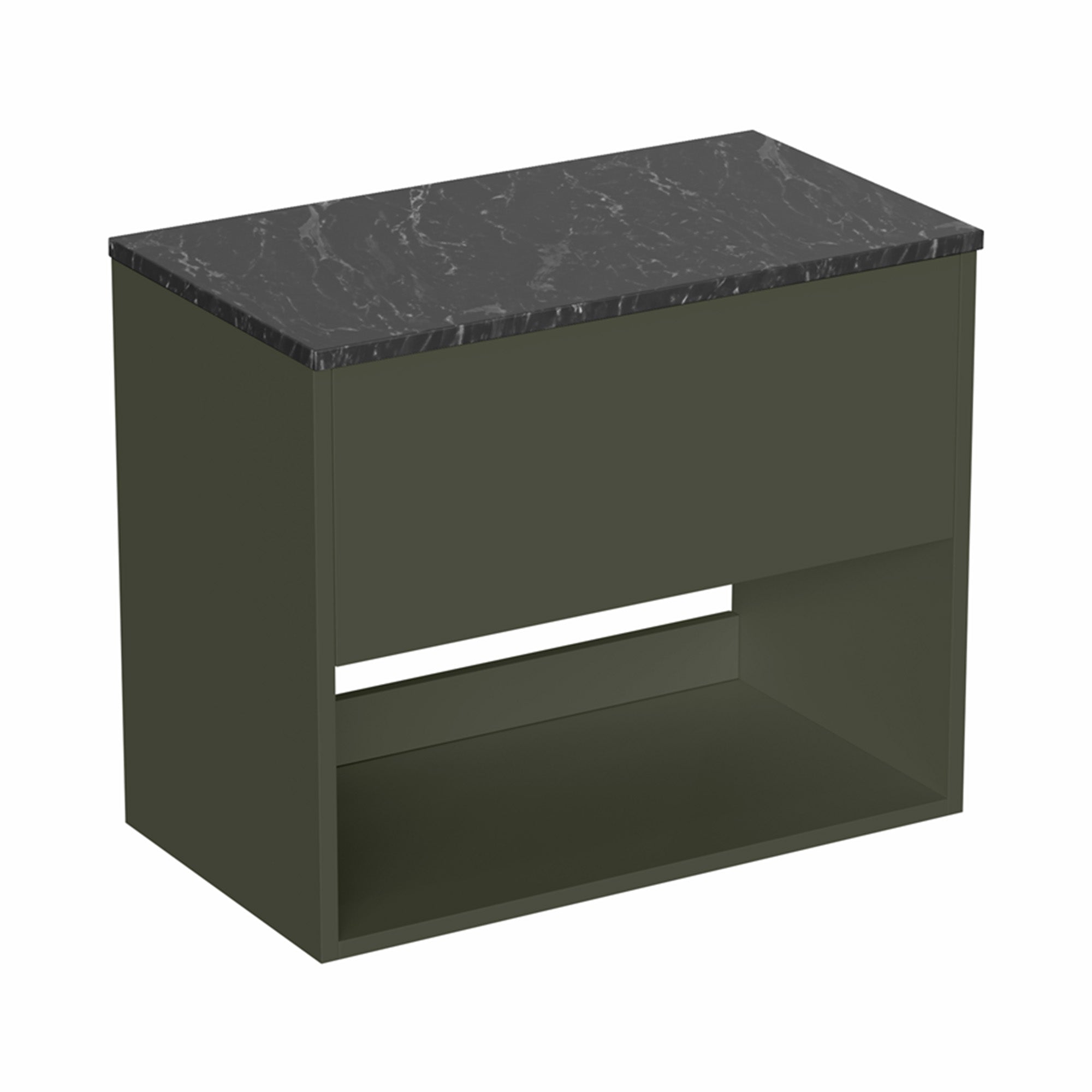 hackney 700mm wall mounted vanity unit with marquina worktop and open shelf earthy green