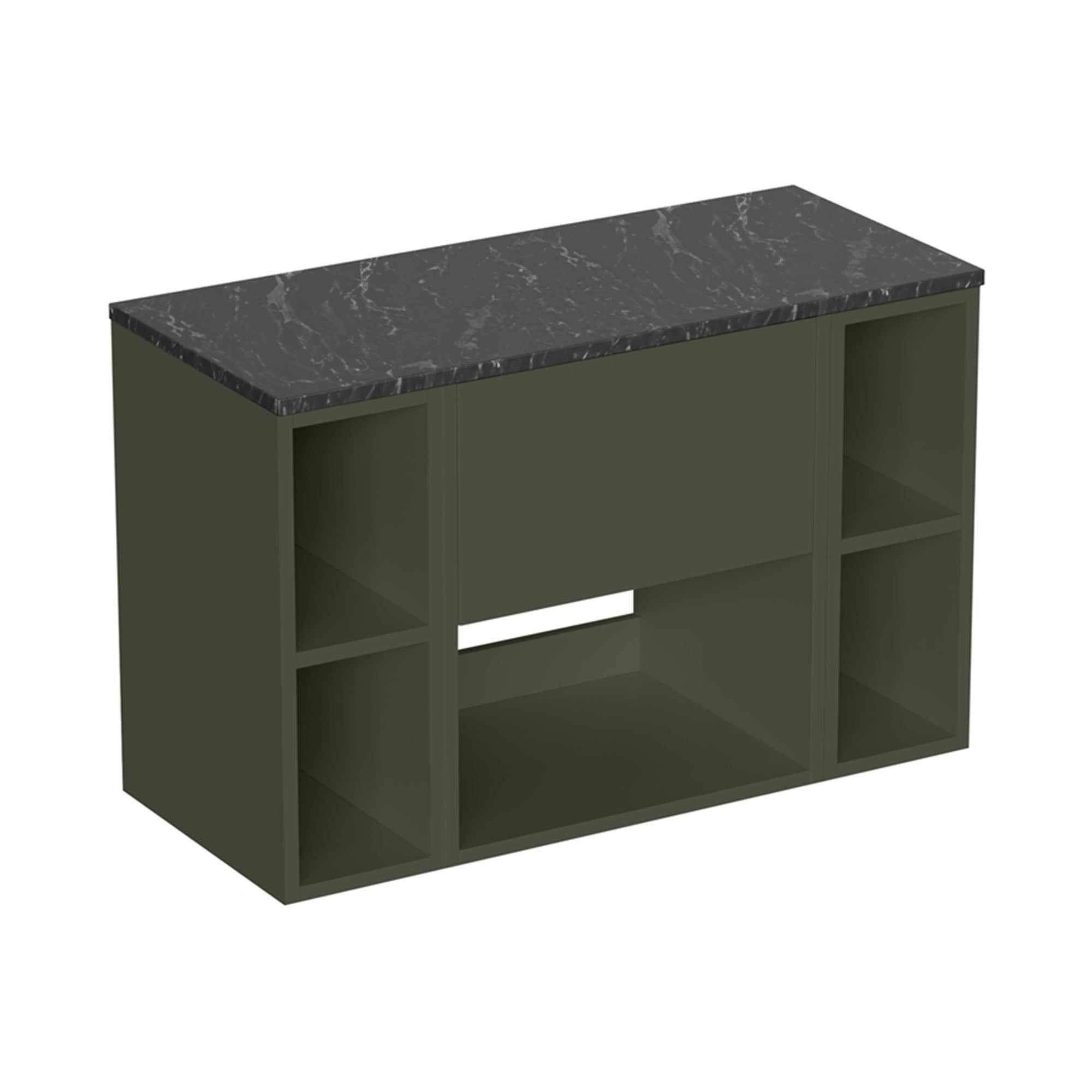 hackney 900 wall mounted vanity unit with marquina worktop and 2 shelf units earthy green