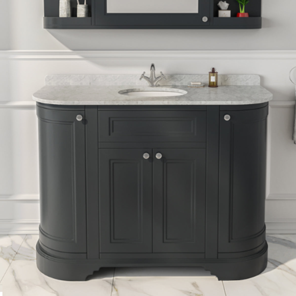 hampton 1200 curved floor standing vanity unit with marble effect worktop and basin shadow grey