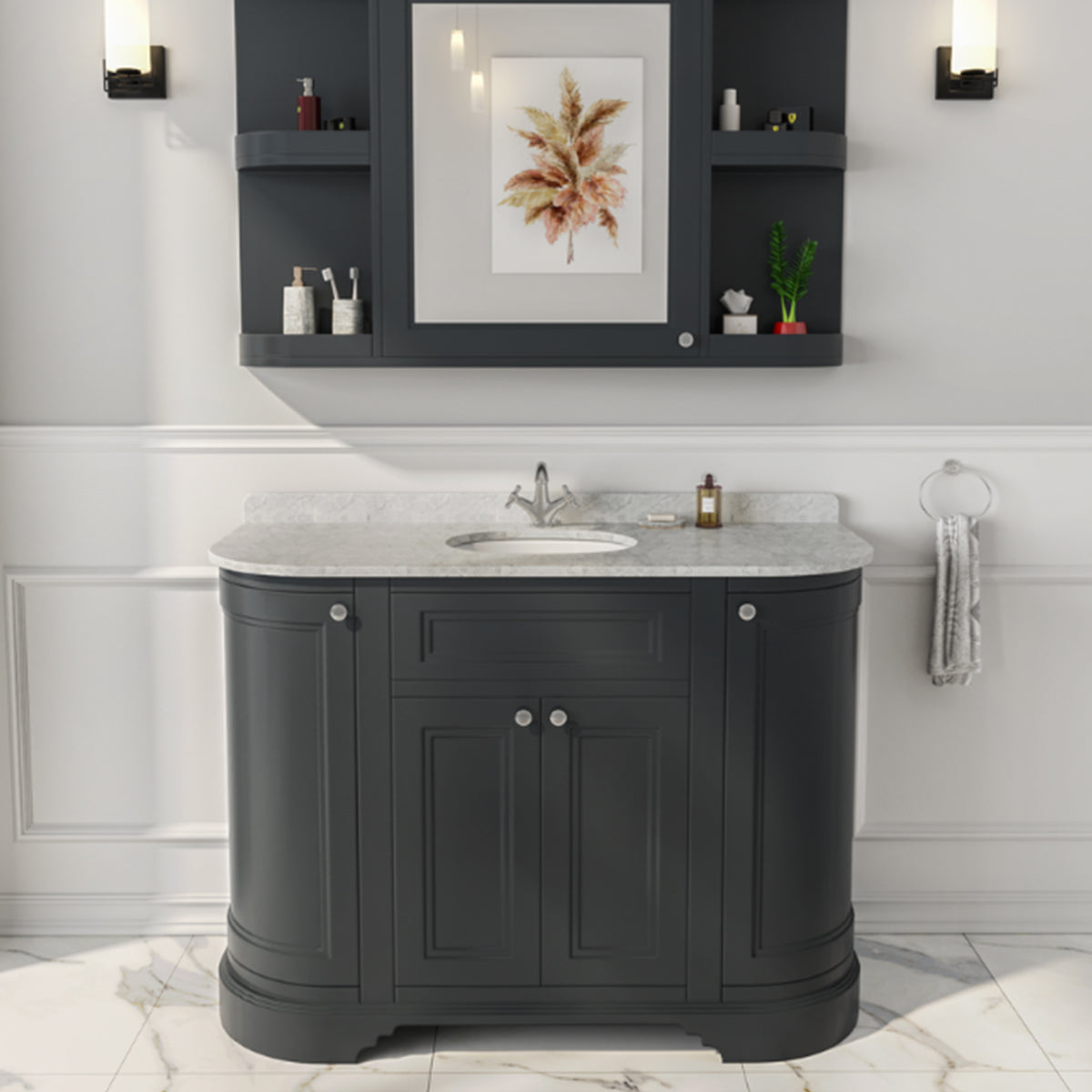 hampton 1200 curved floor standing vanity unit with marble effect worktop and basin shadow grey