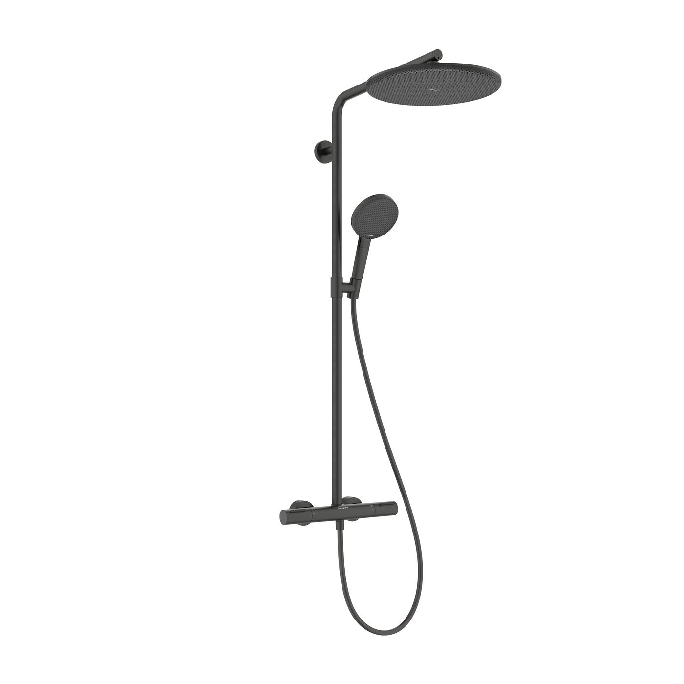 Hansgrohe Raindance Alive shower system with thermostat in brushed black chrome, supplied by Deluxe Bathrooms.