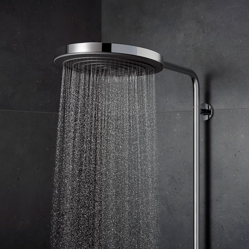 Close up of the extra fine, enveloping spray of water from the handset of Hansgrohe Shower system - in chrome finish, supplied by Deluxe Bathrooms.