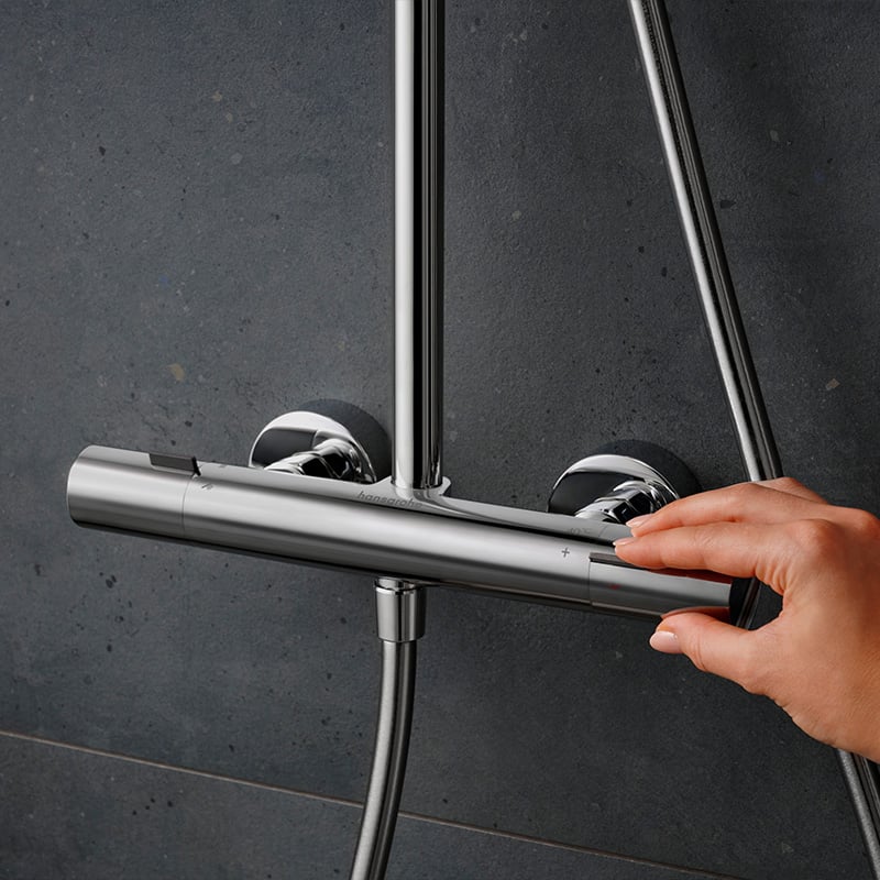 Hansgrohe Pulsify S Puro shower system thermostat in chrome, supplied by Deluxe Bathrooms.