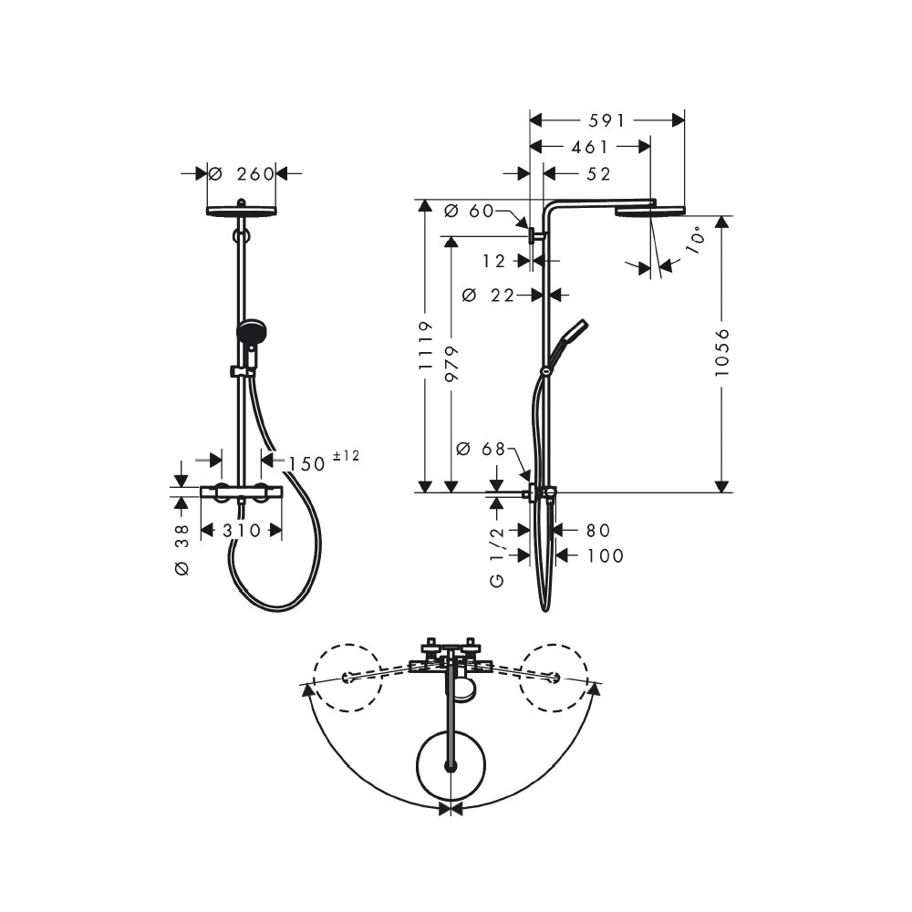 Technical drawing of Hansgrohe Pulsify S Puro shower system with dimensions on a white background.