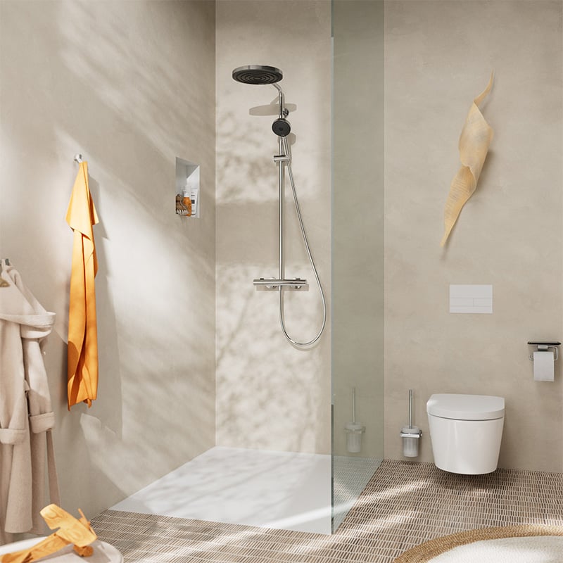 Lifestyle view of the Hansgrohe Pulsify S Puro Shower, in chrome, supplied by Deluxe Bathrooms.