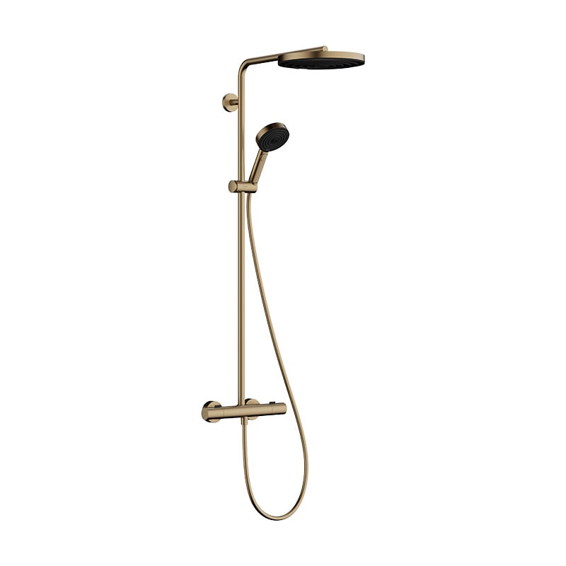 Hansgrohe Pulsify S Puro 1-Jet Shower with 260mm Head and 3-Jet Hand Shower in Brushed Bronze finish. Supplied by Deluxe Bathrooms.