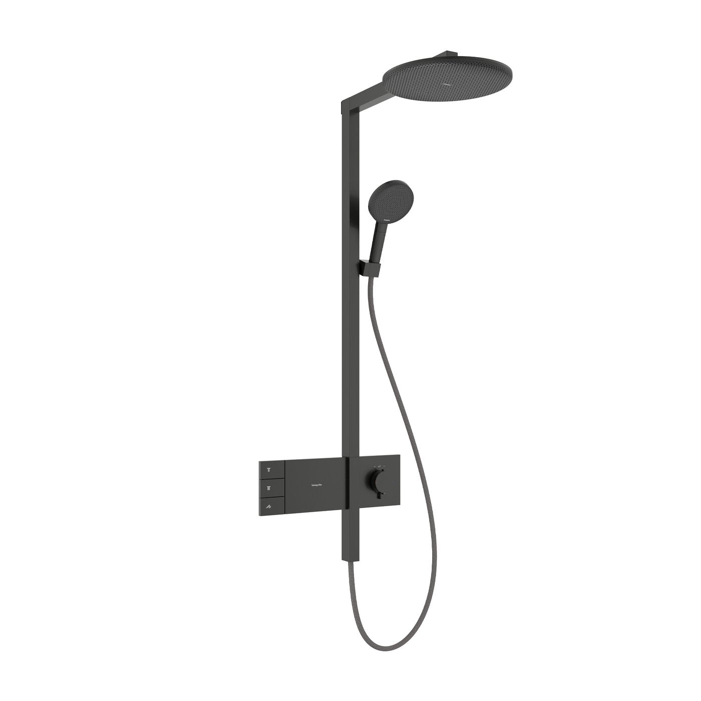 Raindance Alive S Showerpipe 300 2Jet with ShowerSelect Comfort in brushed black chrome finish. Supplied by Deluxe Bathrooms.