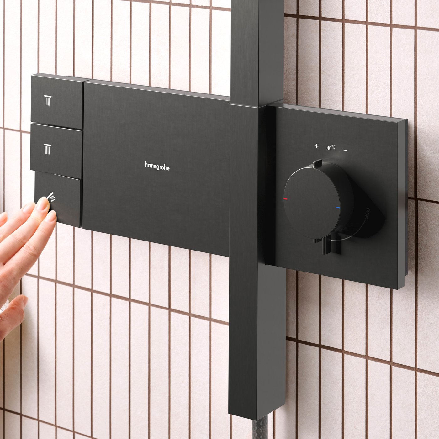 Thermostat and water flow control from the Hansgrohe Raindance Alive Shower system - in matt black, supplied by Deluxe Bathrooms.