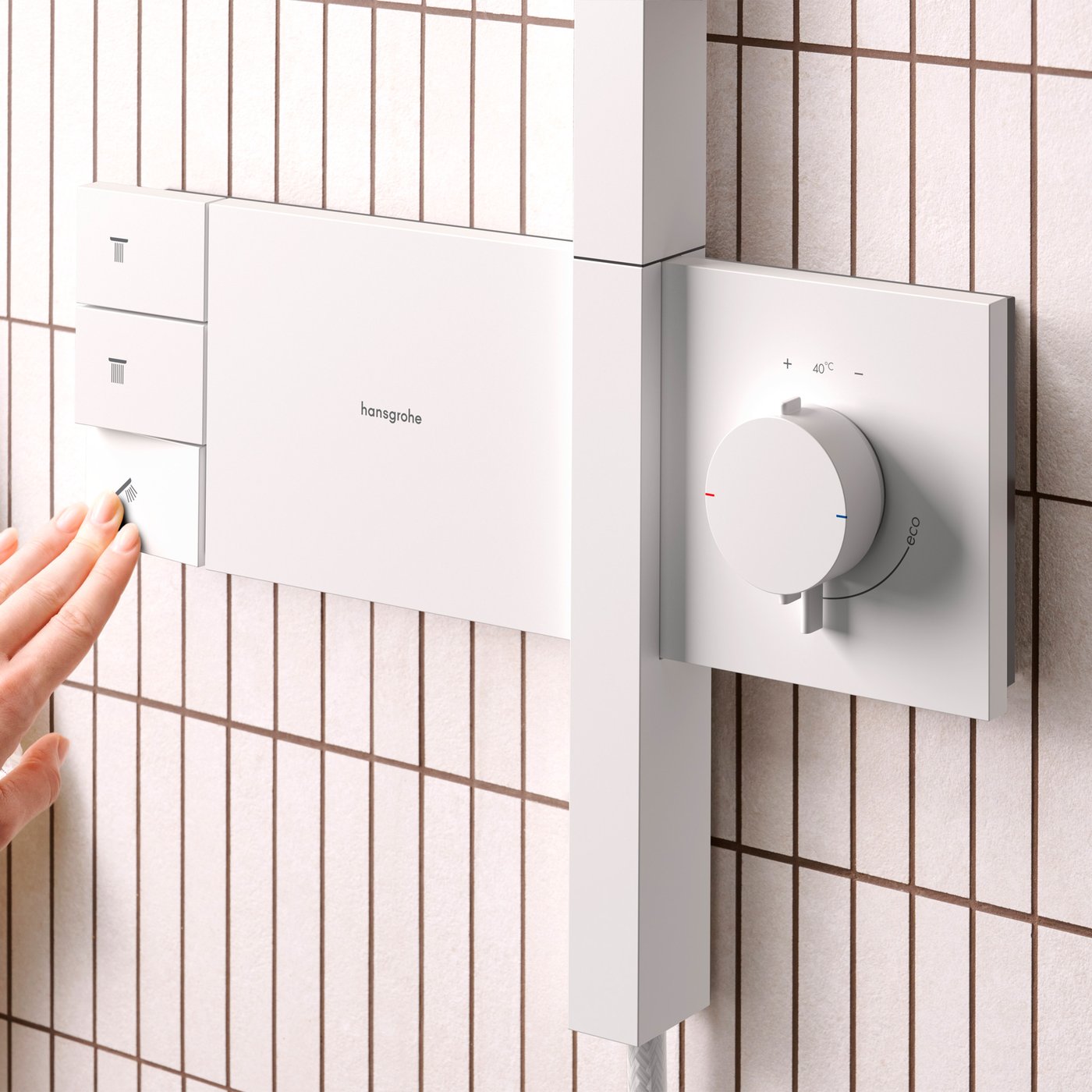 Thermostat and water flow control from the Hansgrohe Raindance Alive Shower system - in matt white, supplied by Deluxe Bathrooms.