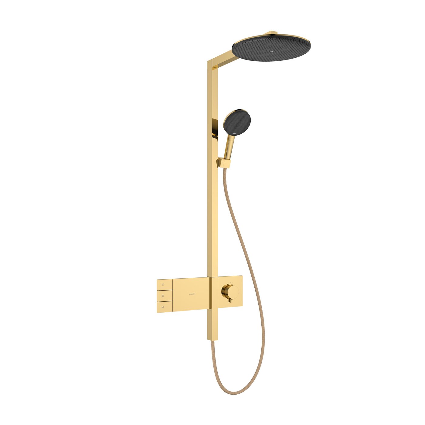 Raindance Alive S Showerpipe 300 2Jet with ShowerSelect Comfort in polished gold optic finish. Supplied by Deluxe Bathrooms.