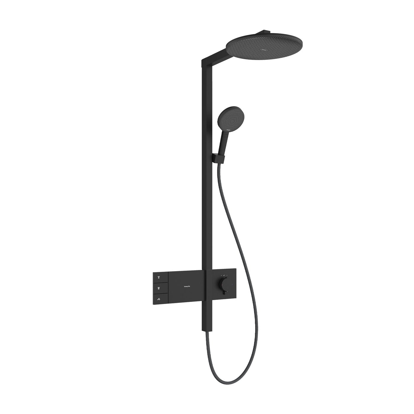 Raindance Alive S Showerpipe 300 2Jet with ShowerSelect Comfort in matt black finish. Supplied by Deluxe Bathrooms.