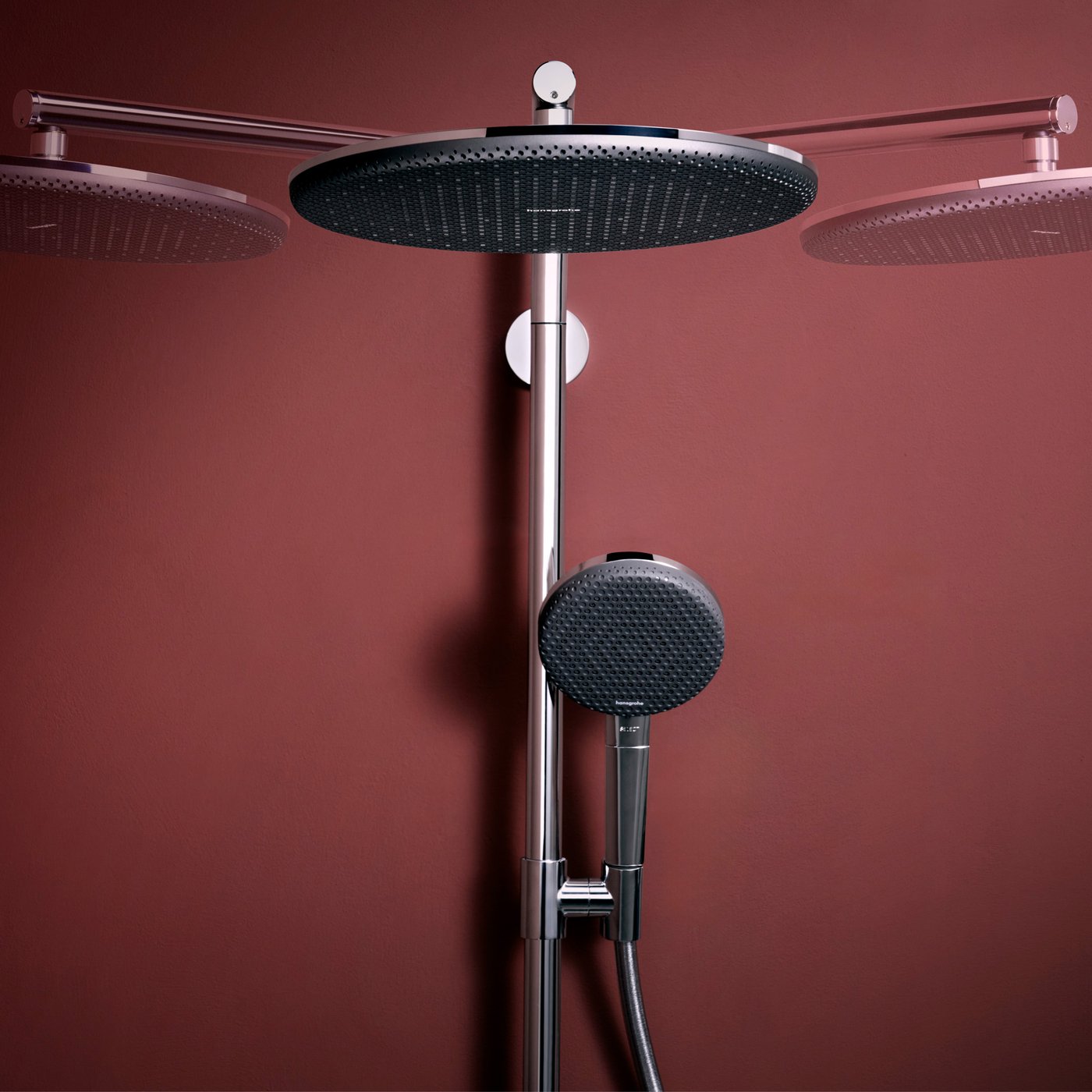Head position range of the Hansgrohe Raindance Alive shower system with thermostat in chrome, supplied by Deluxe Bathrooms.