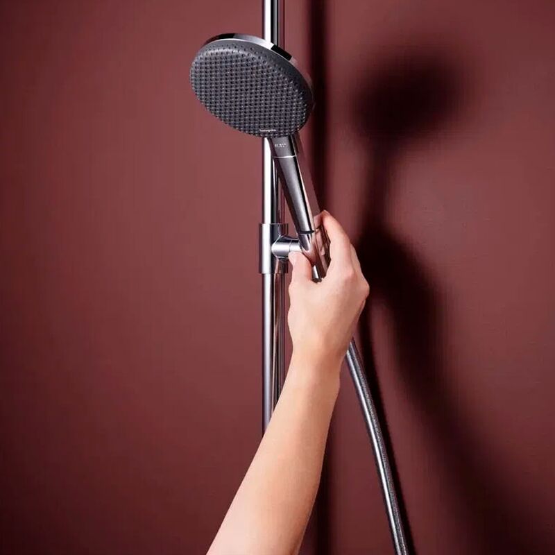 Handset of the Hansgrohe Raindance Alive shower system in chrome, supplied by Deluxe Bathrooms.