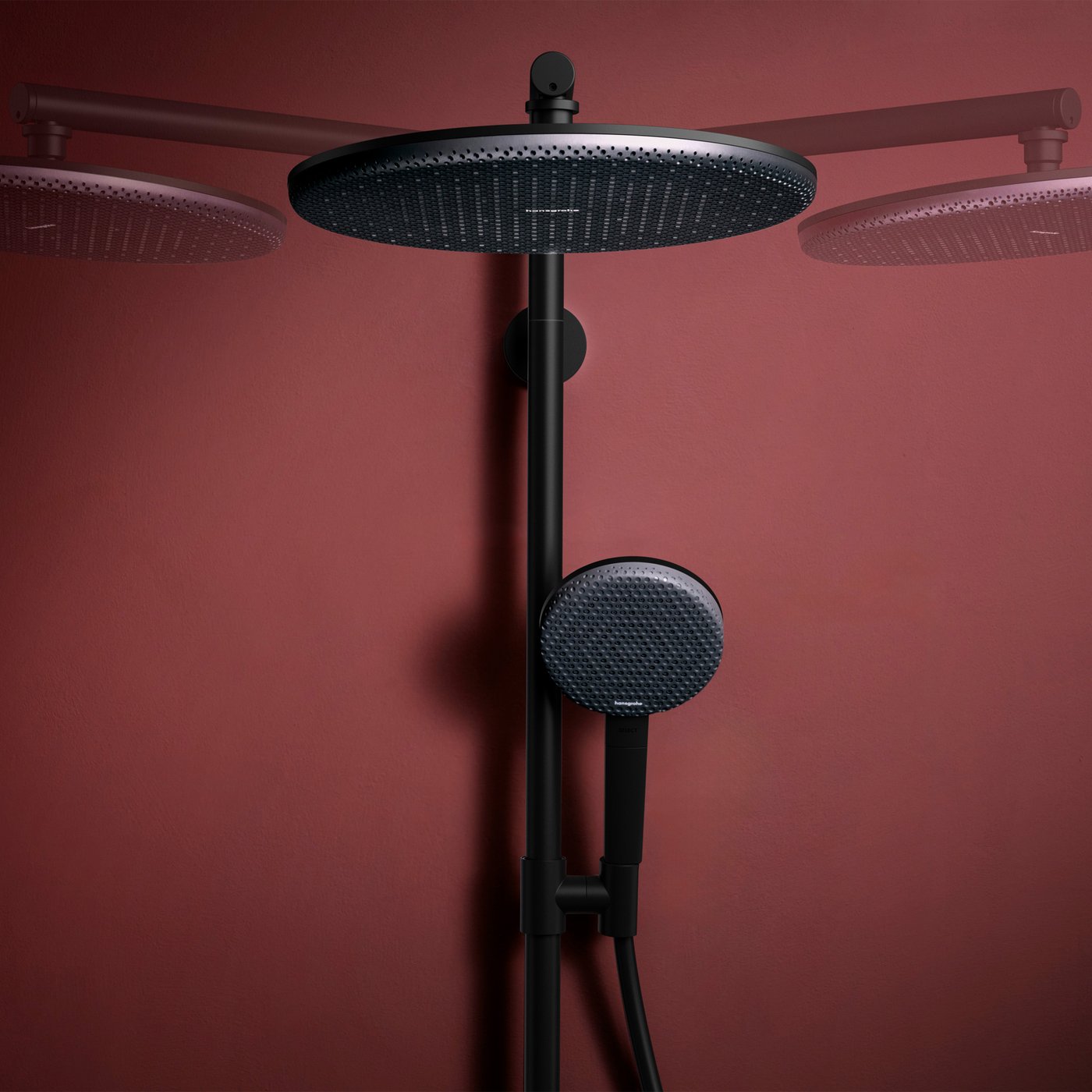 Head position range of the Hansgrohe Raindance Alive shower system with thermostat in matt black, supplied by Deluxe Bathrooms.