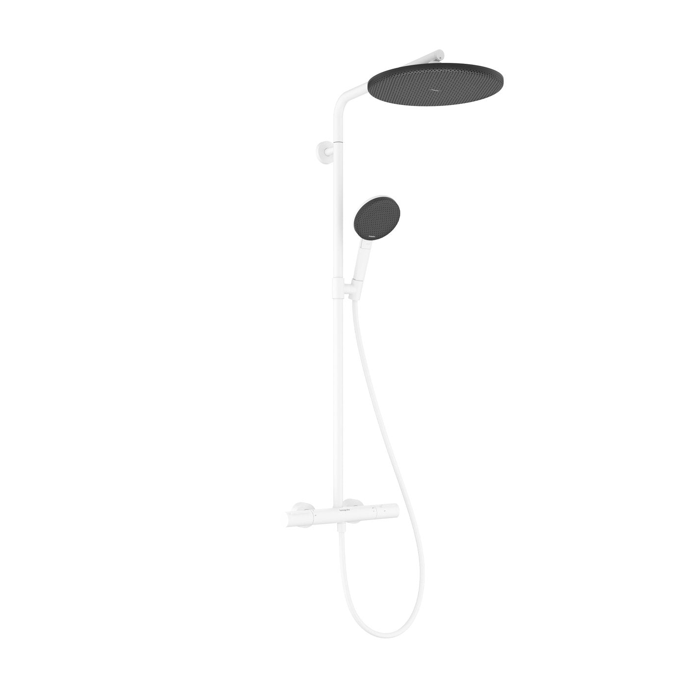 Hansgrohe Raindance Alive shower system with thermostat in matt white, supplied by Deluxe Bathrooms.