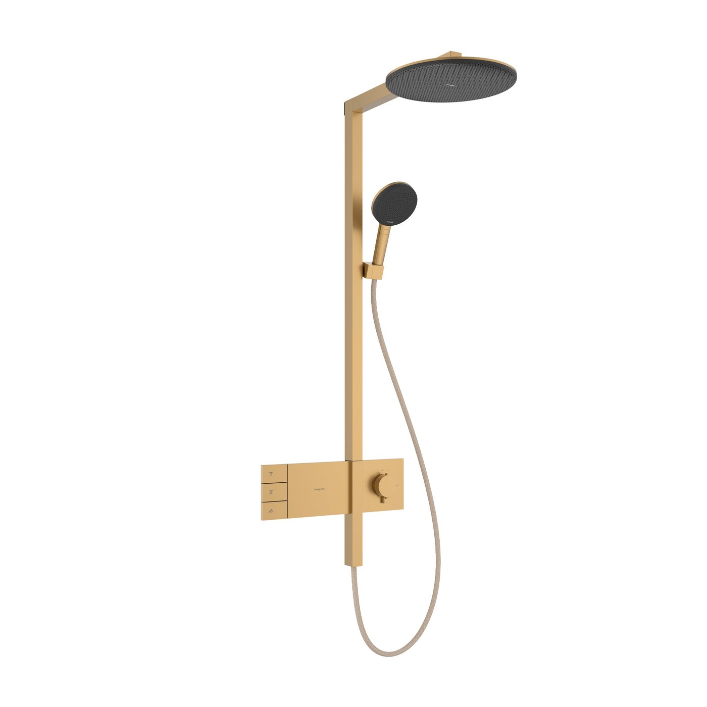 Raindance Alive S Showerpipe 300 2Jet with ShowerSelect Comfort in brushed bronze finish. Supplied by Deluxe Bathrooms.