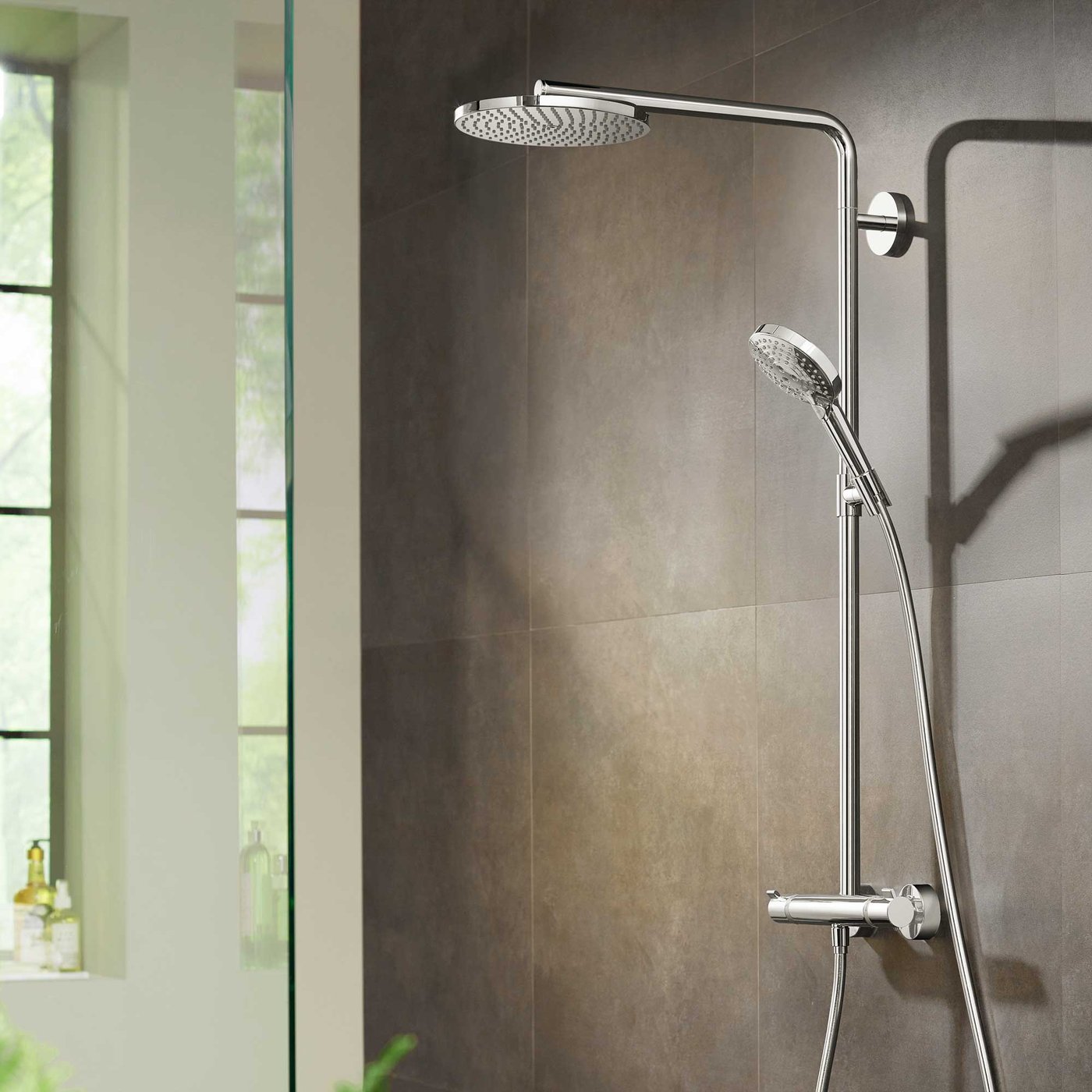 Hansgrohe Raindance Select 1-Jet Shower with 240mm Head - in chrome, fitted in bathroom. Supplied by Deluxe Bathrooms.