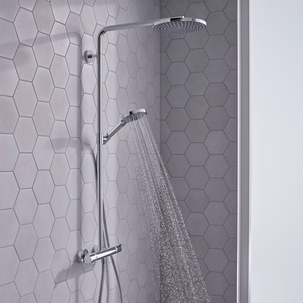 Even, soft spray of water from handset of Hansgrohe Raindance Select 1-Jet Shower system - in chrome finish, supplied by Deluxe Bathrooms.