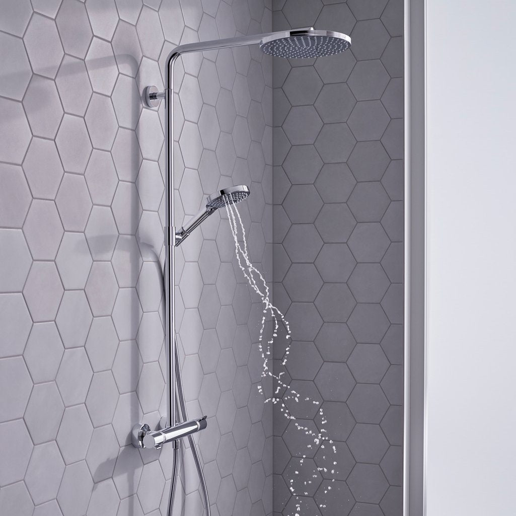 Water whirl flowing from handset of Hansgrohe Raindance Select 1-Jet Shower system - in chrome finish, supplied by Deluxe Bathrooms.