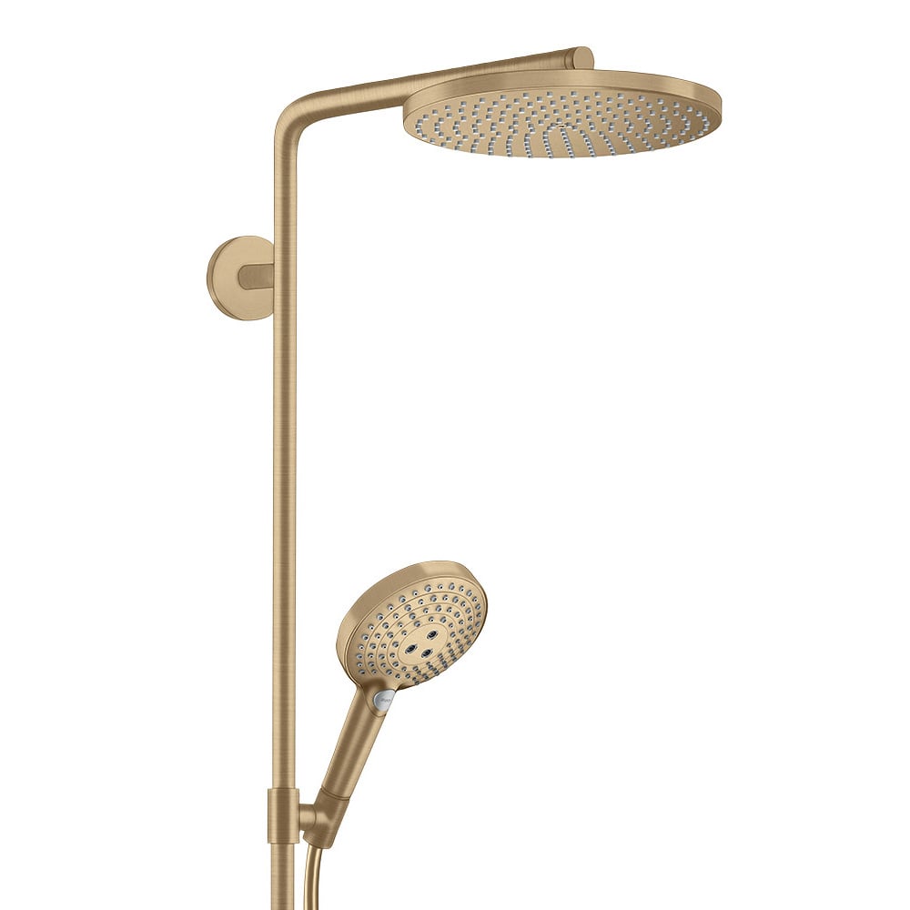 The 2 showerheads - brushed bronze - of the Hansgrohe Raindance Select 1-Jet Shower system.