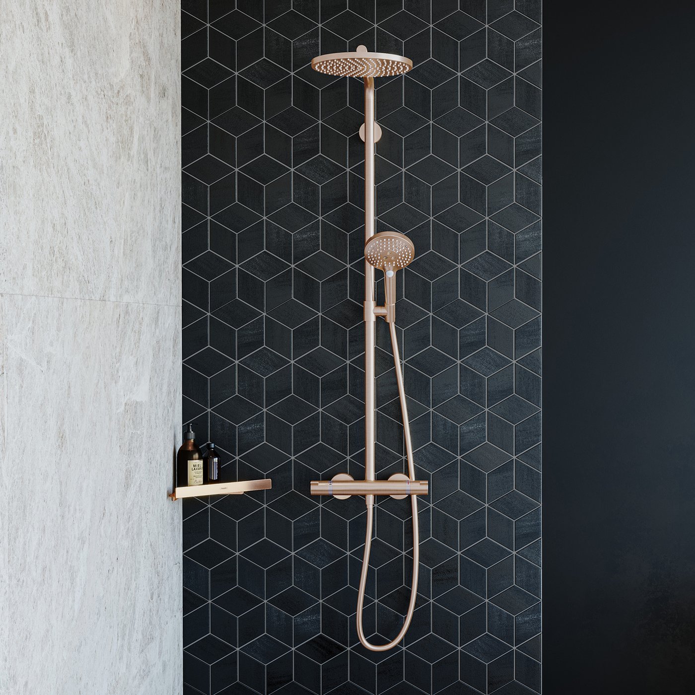 Close up view of the Hansgrohe Raindance Select 1-Jet Shower with 240mm Head - in brushed bronze finish - installed in a bathroom. Supplied by Deluxe Bathrooms.