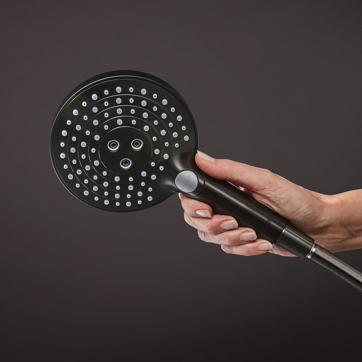 Hansgrohe handset shower head in brushed black chrome, supplied by Deluxe Bathrooms.