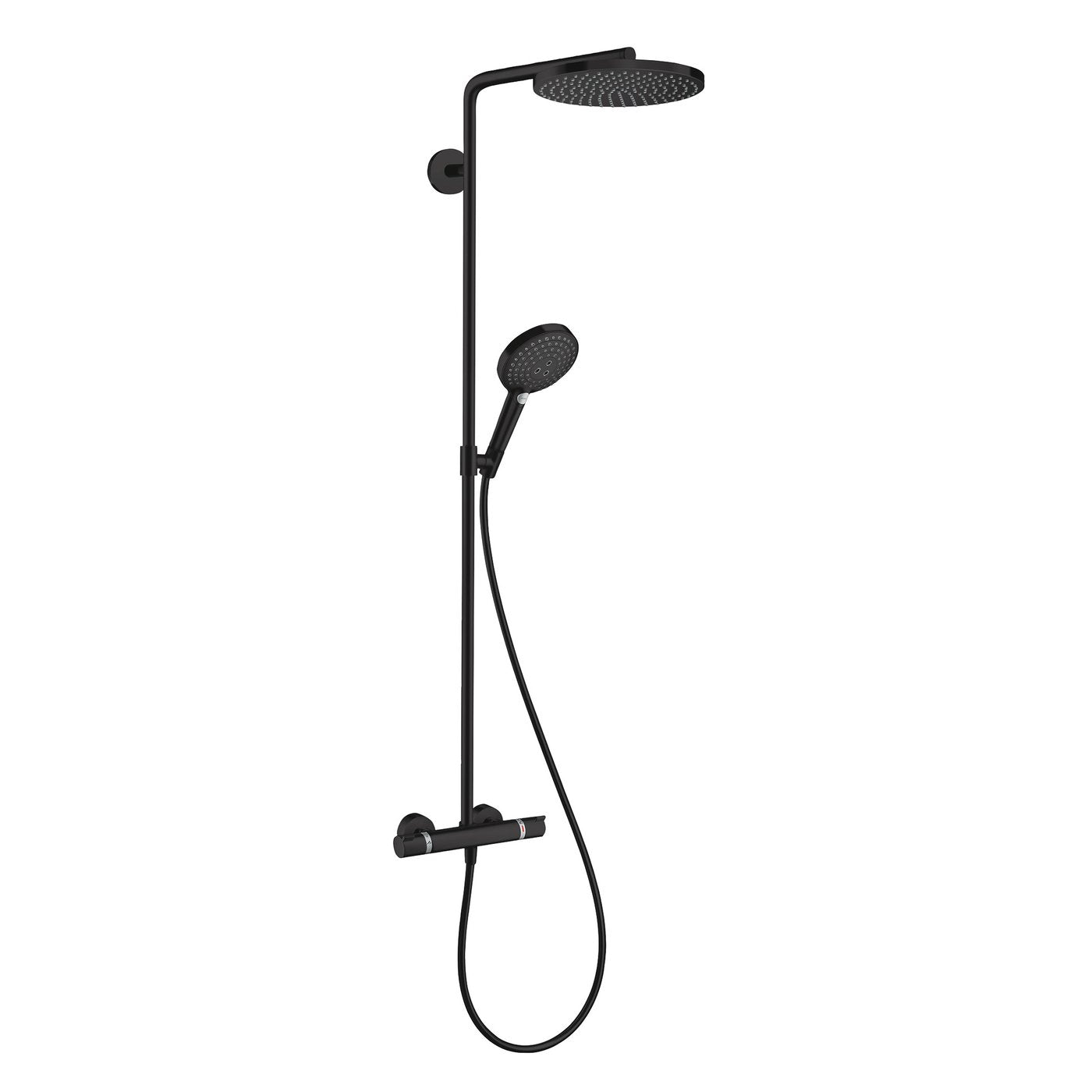 Hansgrohe Raindance Select 1-Jet Shower system with 240mm wide overhead - in matt black, supplied by Deluxe Bathrooms.