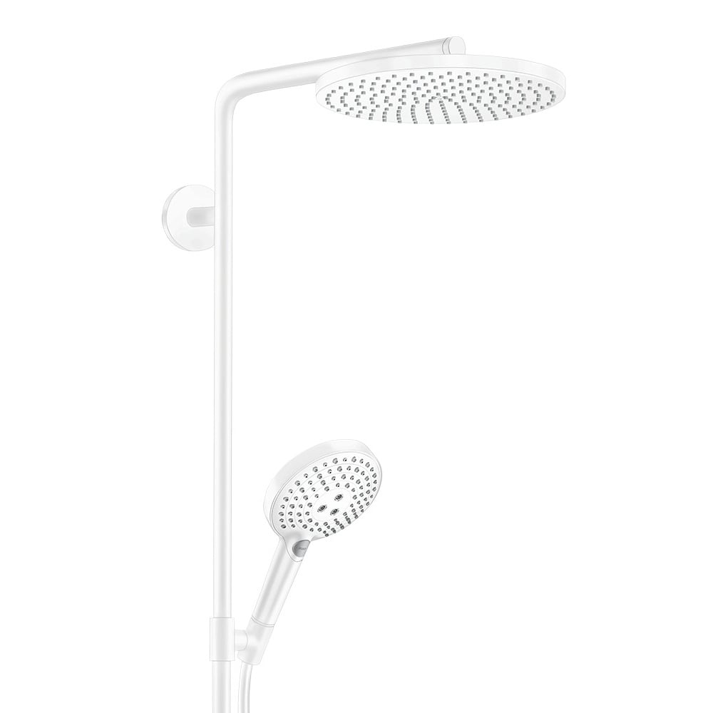 Close up view of the Hansgrohe Raindance Select 1-Jet Shower with 240mm Head - in matt white finish. Supplied by Deluxe Bathrooms.