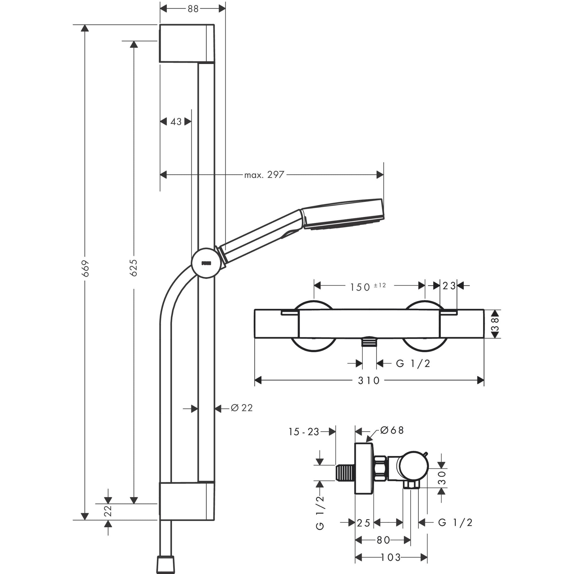 Hansgrohe Pulsify Select S Exposed Thermo Shower With Slide Rail Kit Measurement