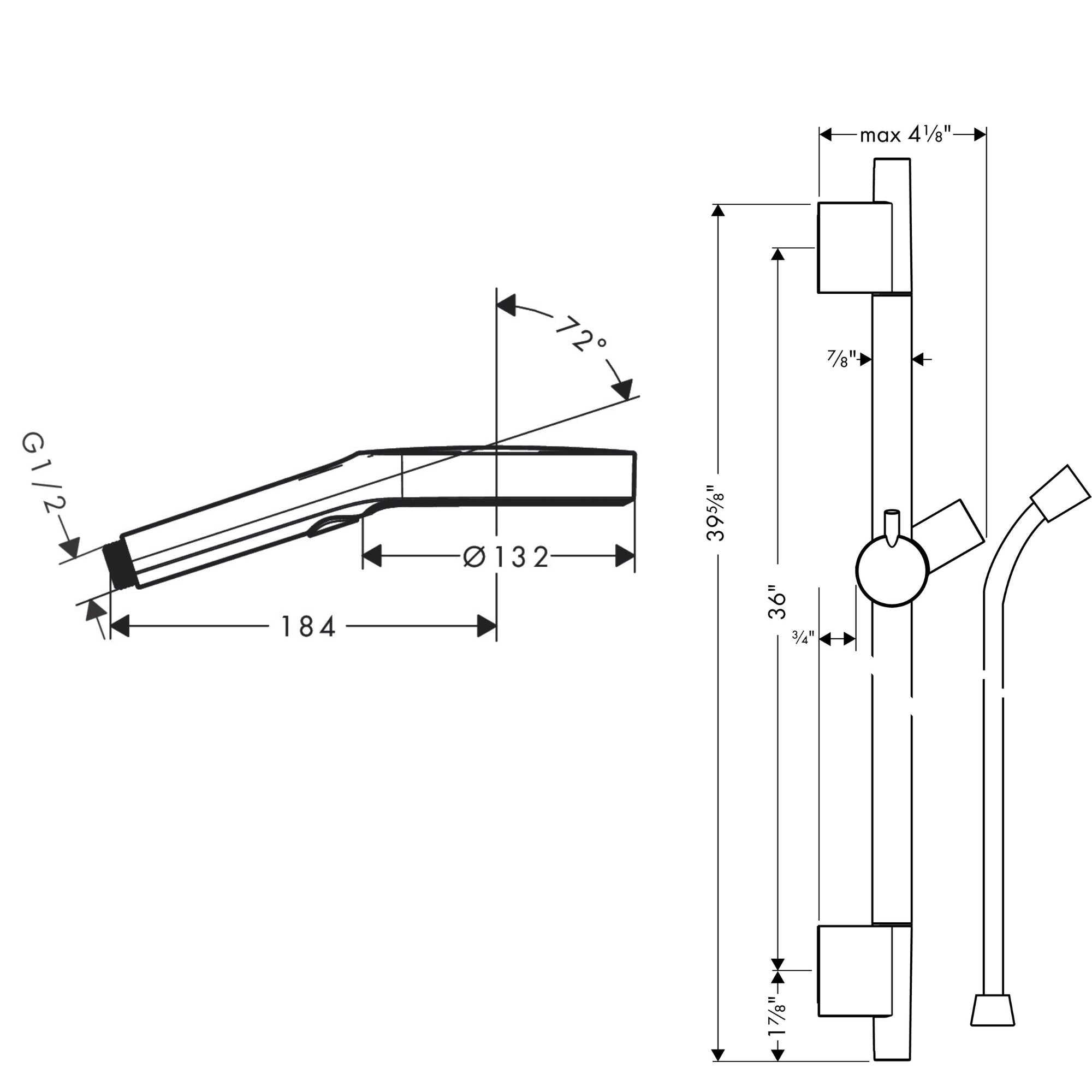 Hansgrohe Rainfinity Hand shower 130 3jet and Slide Rail Technical Drawing