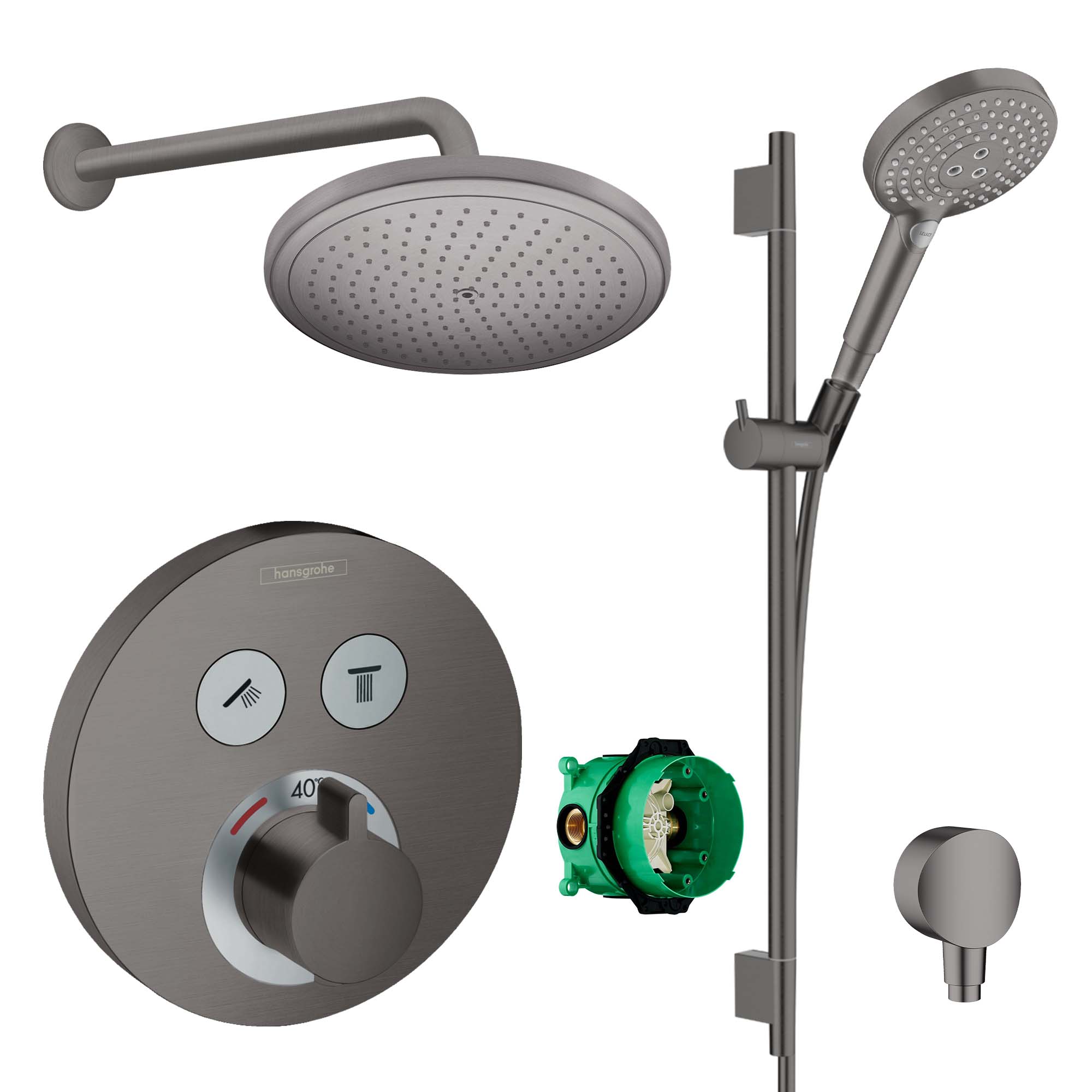 hansgrohe round select 2 outlet push thermostatic valve with croma 280 overhead shower and slide rail kit brushed black chrome