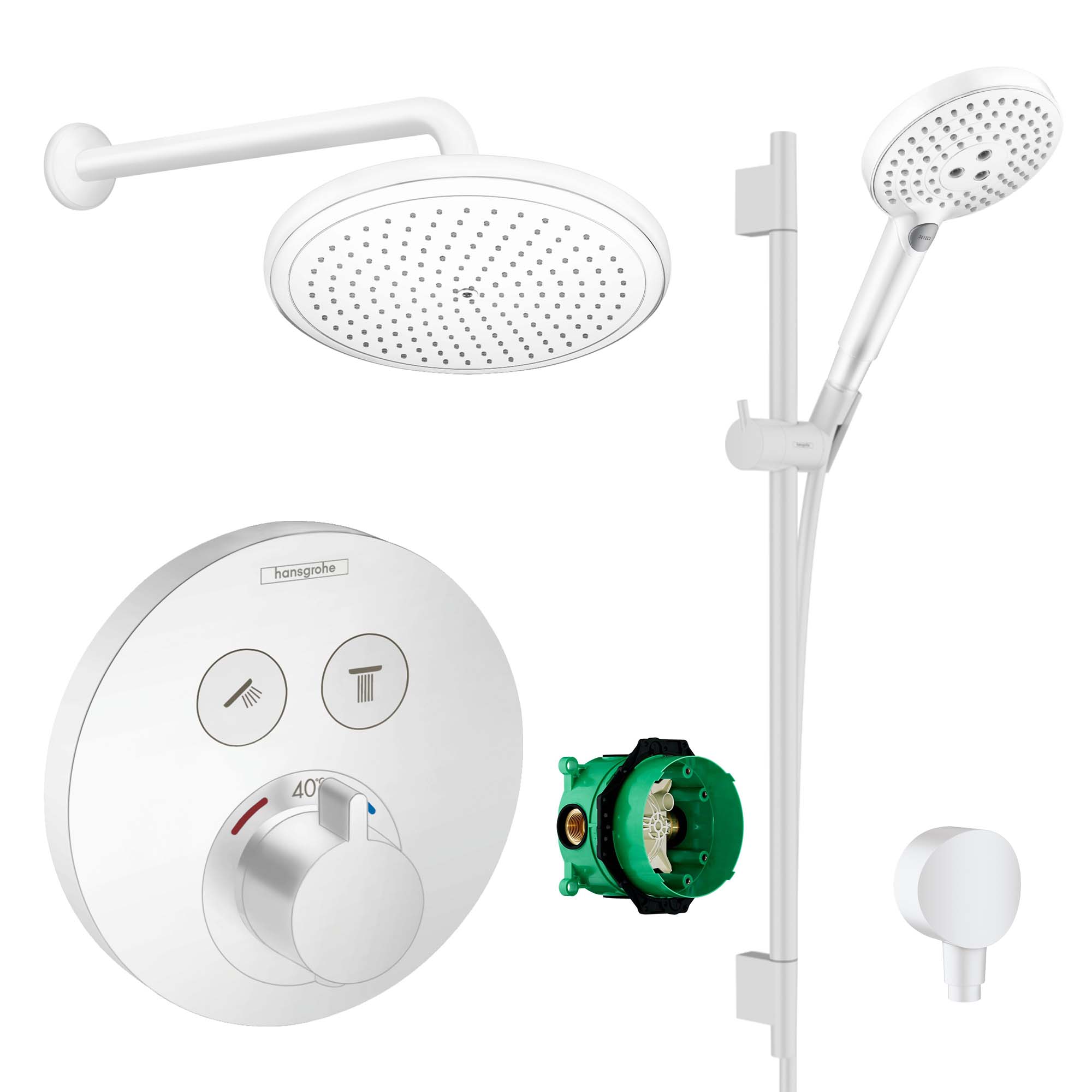 hansgrohe round select 2 outlet push thermostatic valve with croma 280 overhead shower and slide rail kit matt white