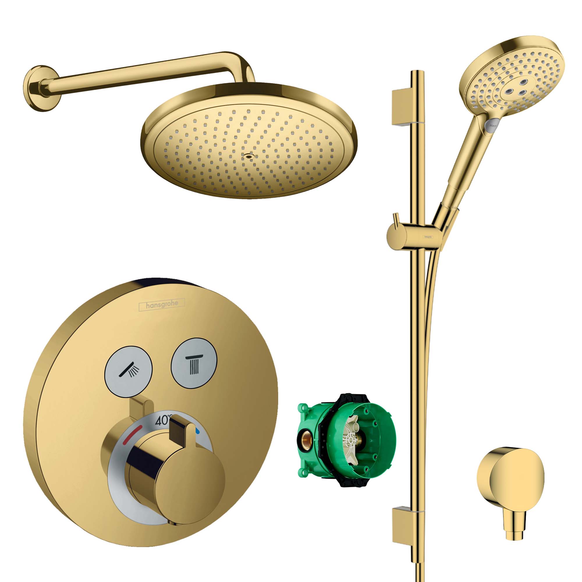 hansgrohe round select 2 outlet push thermostatic valve with croma 280 overhead shower and slide rail kit polished gold optic