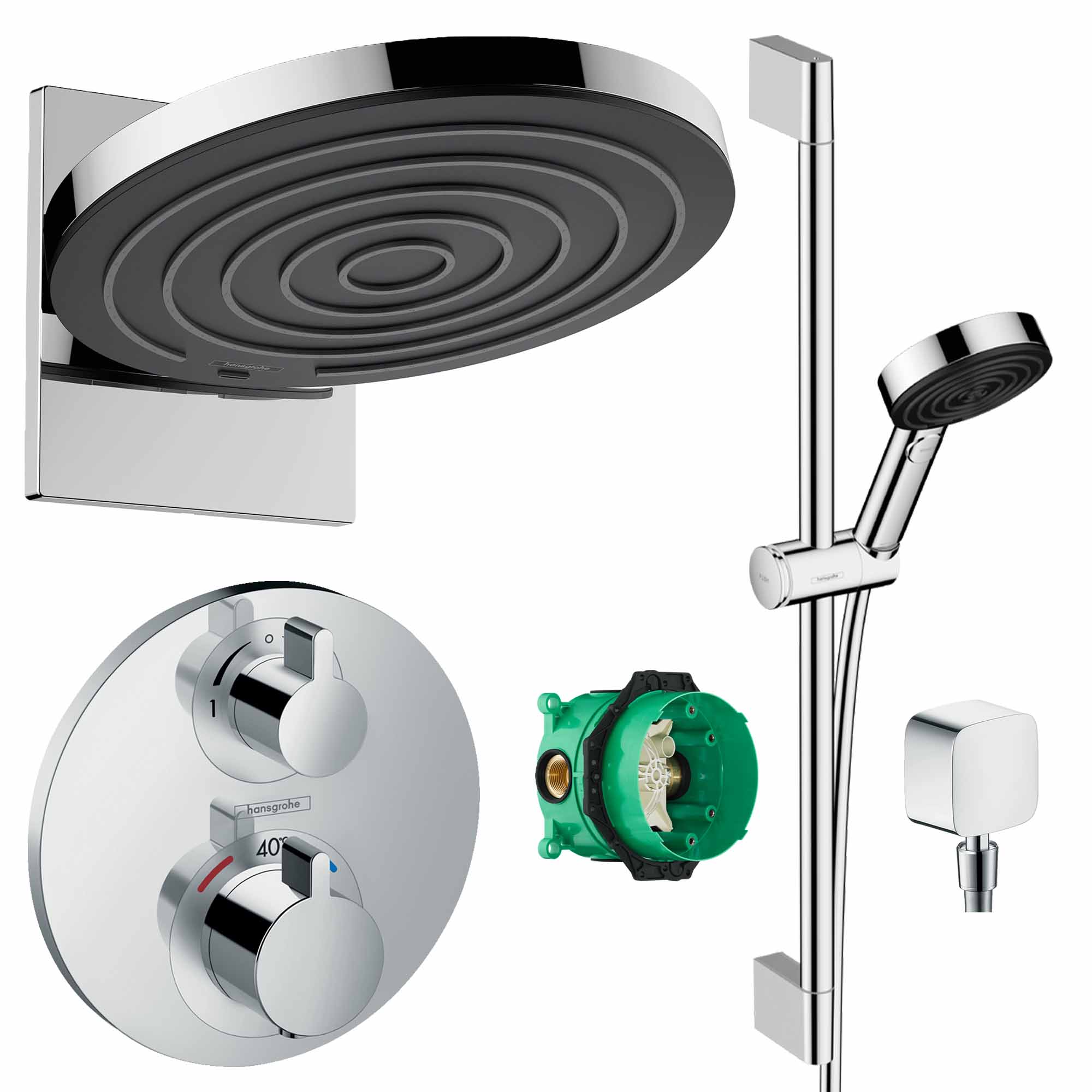 hansgrohe round select 2 outlet push thermostatic valve with pulsify 260 overhead and slide rail kit chrome
