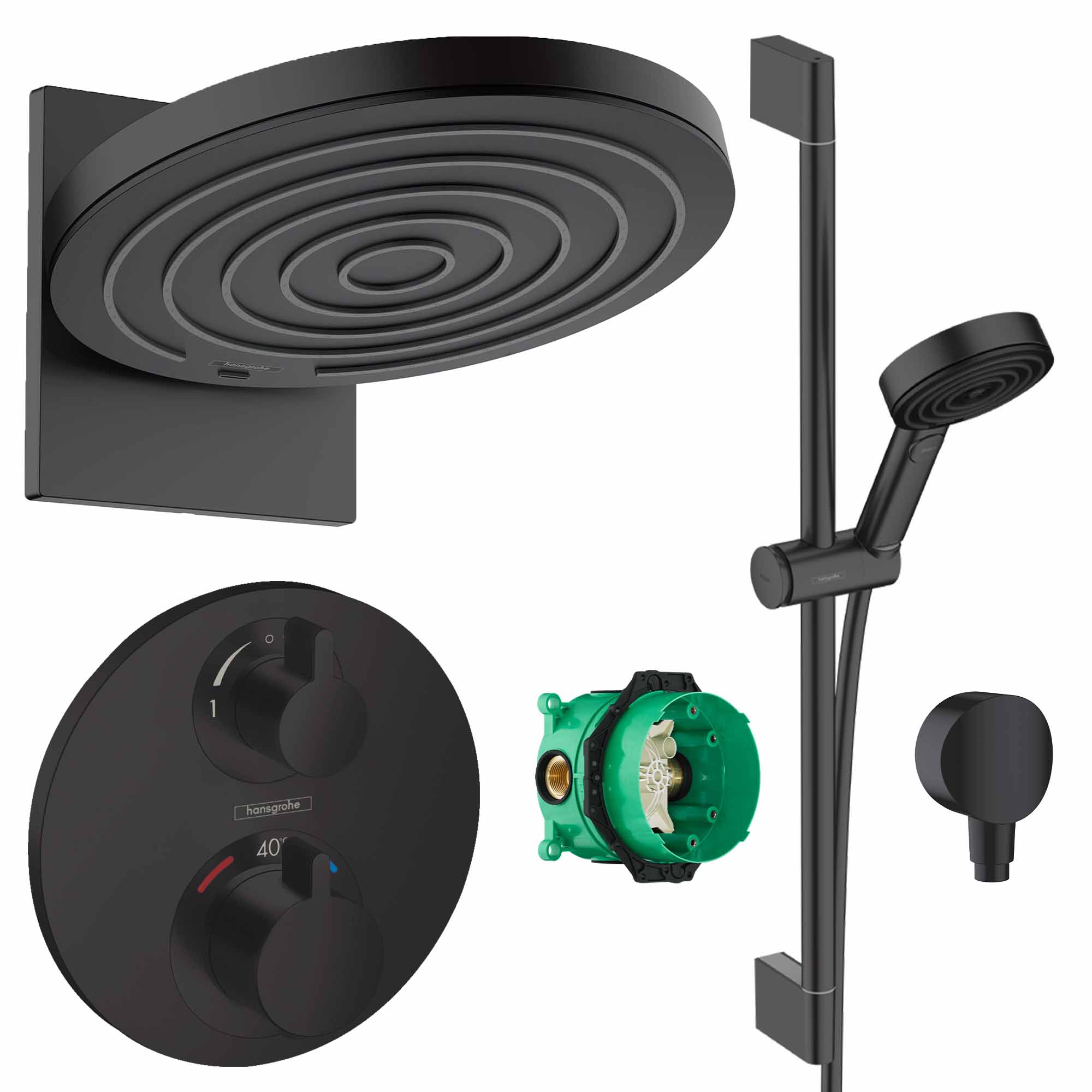 hansgrohe round select 2 outlet thermostatic ecostat shower valve with pulsify 260 overhead and slide rail kit matt black