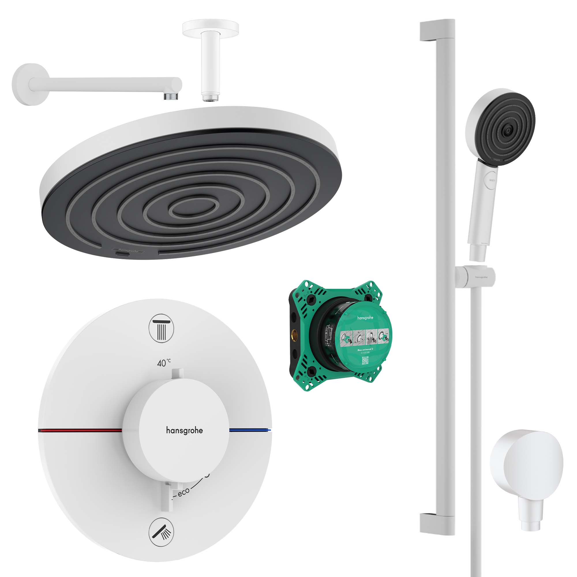 hansgrohe shower select s 2 outlet valve pulsify 260 overhead and pulsify handset matt white