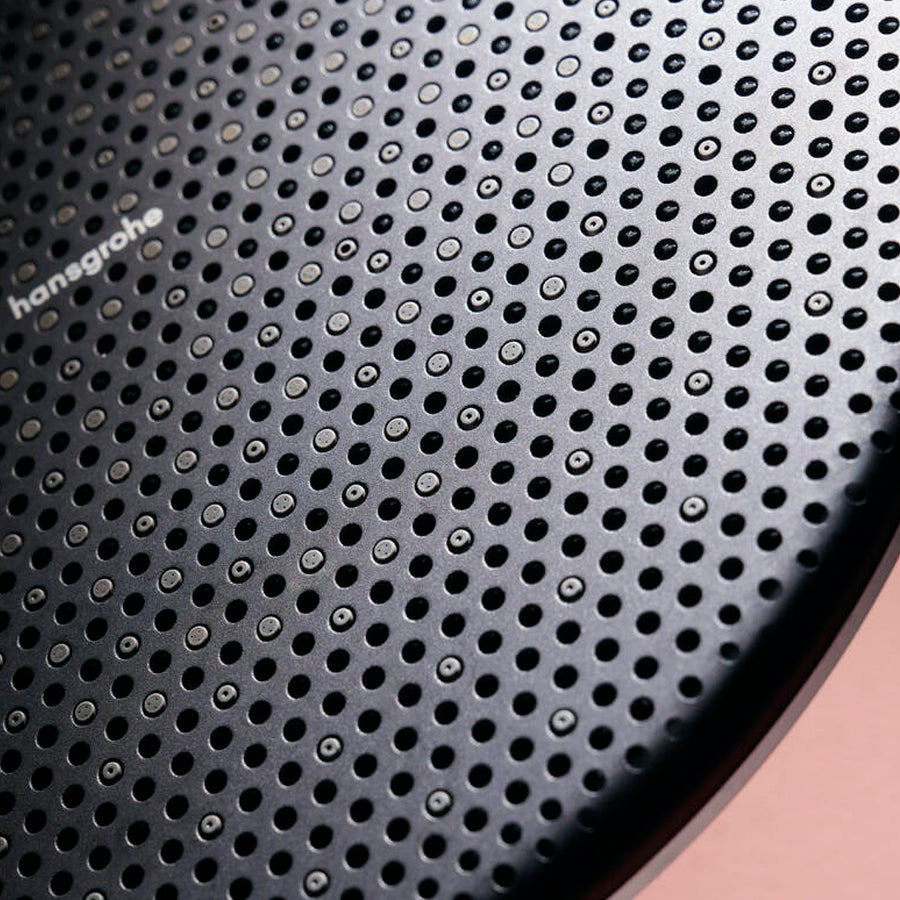 Close up view of the shower head of the  Hansgrohe Raindance Alive shower system, supplied by Deluxe Bathrooms.